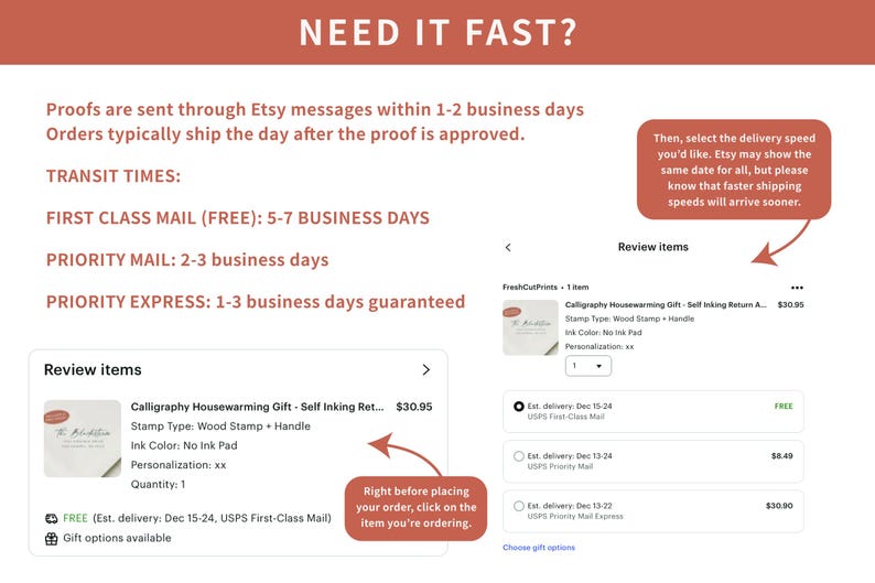 The image is a screenshot of an online shopping interface, specifically a product review page for a calligraphy housewarming gift. The page displays various product options, including a stamp type, wood stamp, and a hand-carved wooden stamp. The page also provides information about the delivery times and costs for these items.