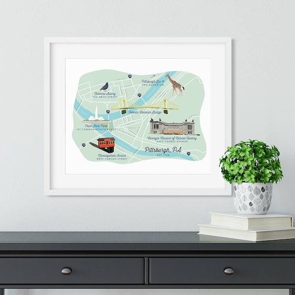 Pittsburgh Illustrated Map Giclee Art Print - Carnegie Museum - Pittsburgh Zoo - Duquesne Incline - Point State Park - Andy Warhol Bridge