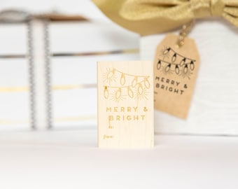 Merry Christmas Rubber Stamp - Gift Tag Stamp - Etched Wood