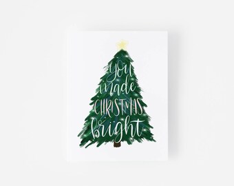 Set of 6 - Christmas Thank You Cards - Hand Lettered Christmas Tree - Hand Painted - Holiday Thank You Notecard Set - Folded Cards