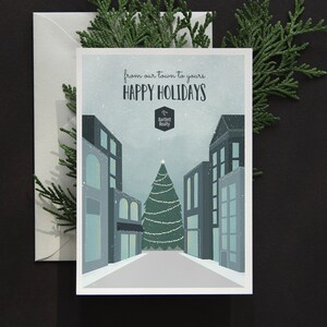 Navidad de la empresa, tarjeta de Navidad empresarial, tarjeta de Navidad del agente inmobiliario, agente inmobiliario, tarjeta de Navidad de la empresa financiera, ilustración de la ciudad