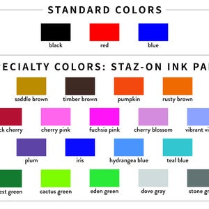 a color chart for staz-on ink pads, showing the standard colors and their corresponding specialty colors.