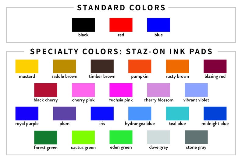 a color chart for staz-on ink pads, showing the standard colors and their corresponding specialty colors.