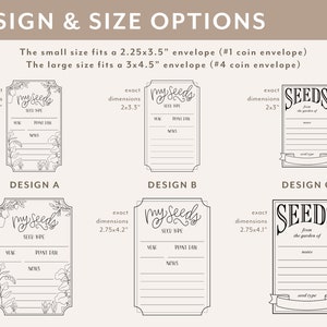 May include: Three different designs for seed packets, each with a different layout and design. The first design features a floral border and the text "My Seeds". The second design features a simple border and the text "My Seeds". The third design features a simple border and the text "Seeds from the garden of". All three designs include space for the seed type, year, plant date, and notes.