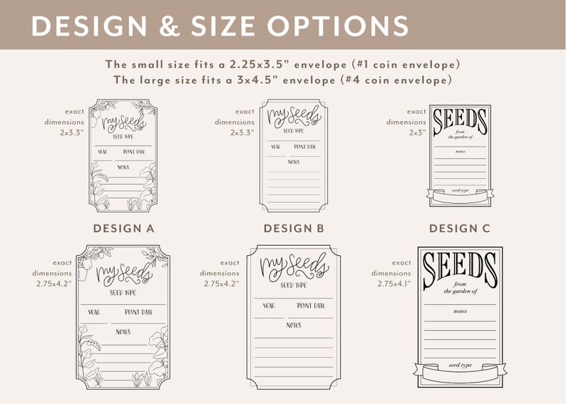 May include: Three different designs for seed packets, each with a different layout and design. The first design features a floral border and the text "My Seeds". The second design features a simple border and the text "My Seeds". The third design features a simple border and the text "Seeds from the garden of". All three designs include space for the seed type, year, plant date, and notes.