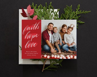 Christmas Card Template - Instant Download - Religious Christmas Card - Corjl - Faith Hope and Love - Hand Lettered Cards - Red