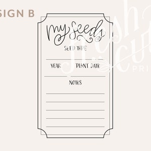 May include: Black and white printable seed packet label with the text "My Seeds" and spaces to write the seed type, year, plant date, and notes.