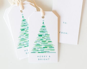 Christmas Gift Tags - Set of 8 - Green Watercolor Tree - Merry & Bright - Merry Christmas Gift Tag - Holiday Gift Tags