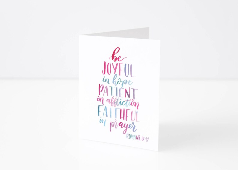 Romans 12:12 Thinking of You Christian Encouragement Card Hand Lettering Card Bible Verse Religious Card Joyful Patient Faithful image 2