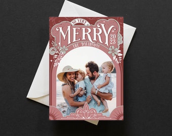 Personalized Christmas Card - Photo Holiday Card - Template - Instant Download - Corjl - Very Merry - Vintage Banner
