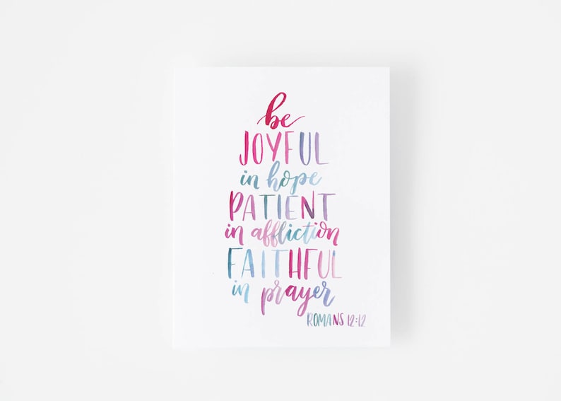Romans 12:12 Thinking of You Christian Encouragement Card Hand Lettering Card Bible Verse Religious Card Joyful Patient Faithful image 1