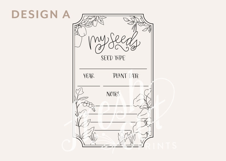 May include: A black and white printable seed packet label with the text "My Seeds" and spaces to fill in the seed type, year, plant date, and notes.