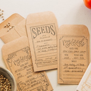 May include: Three brown paper seed packets with handwritten labels. The labels include the seed type, year, plant date, and notes. The seed types are Detroit Dark Red, New York Early Onion, and San Marzano Tomato.