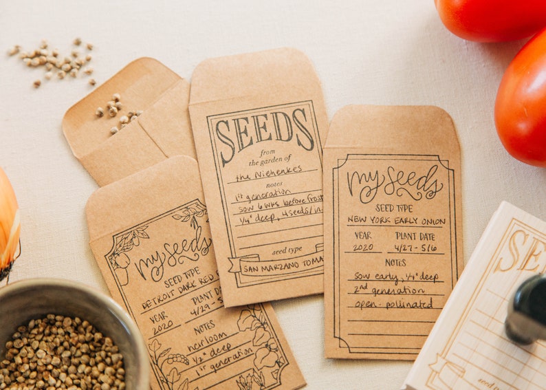 May include: Three brown paper seed packets with handwritten labels. The labels include the seed type, year, plant date, and notes. The seed types are Detroit Dark Red, New York Early Onion, and San Marzano Tomato.