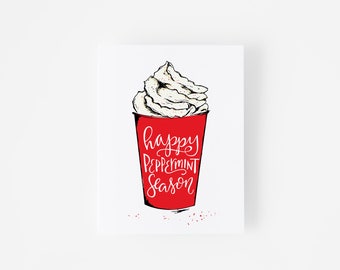 Set of 6 - Christmas Cards Pack - Holiday Card Set - Winter Greeting Card - Peppermint Latte - Coffee Lover - Seasons Greetings