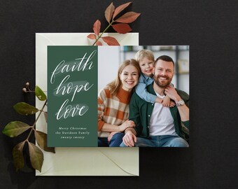 Christmas Card Template - Instant Download - Religious Christmas Card - Corjl - Faith Hope and Love - Hand Lettered Cards - Green