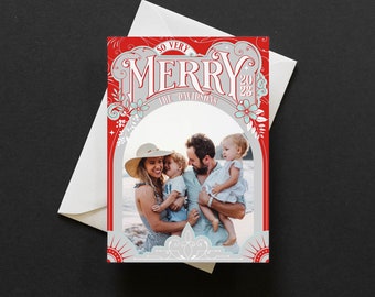 Christmas Card Template - Personalized Photo Holiday Card - Instant Download - Corjl - Very Merry - Vintage Banner