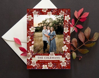 Personalized Photo Holiday Card - Floral Christmas Card Template -  Instant Download - Corjl - Floral Design - Red and White - Cranberry