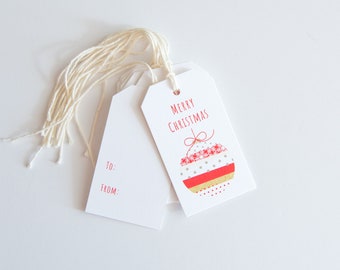 Holiday Gift Tags - Christmas Packaging - Hanging Tags - Ornament Illustration - Gift Tag Set - Red and Gold - Merry Christmas