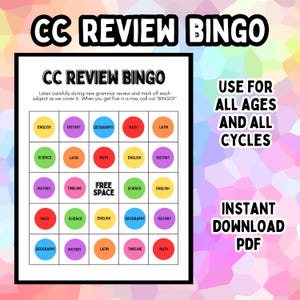 Puede incluir: Una hoja de juego de bingo CC Review enmarcada en negro, con círculos coloridos para materias como inglés e historia. El texto dice "Usar para todas las edades y todos los ciclos" y "Descarga instantánea PDF".