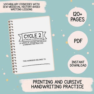 以下が含まれることがあります： 「CYCLE 2」と「Vocabulary & Handwriting」の文字が入った、白いリング綴じのワークブック。表紙には「24週間の語彙復習と筆記練習」と記載されています。追加テキストには「120+ページ」、「PDF」、「インスタントダウンロード」が含まれています。