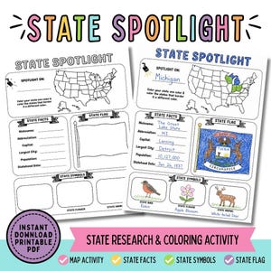 Op de afbeelding: Twee educatieve werkbladen getiteld STATE SPOTLIGHT met een kaart van de VS, secties voor staatsfeiten, een vlag om in te kleuren en vakken voor symbolen. Eén blad is leeg, terwijl het andere is ingevuld voor Michigan met gekleurde details.