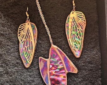 Stained Glass Dangle Earring with Butterfly Wing Filigree Overlay