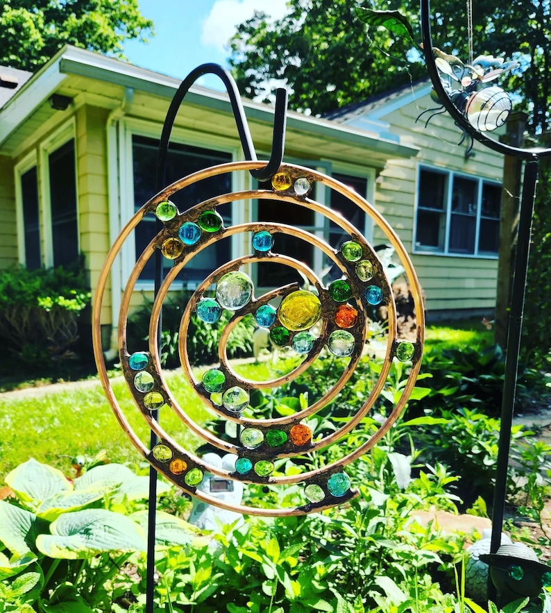12 Inch Copper Spiral Yard Art With Colorful Glass Gem Accents Etsy