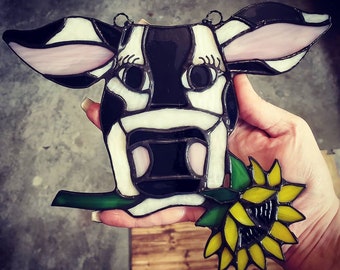 Stained Glass Cow Suncatcher with Sunflower