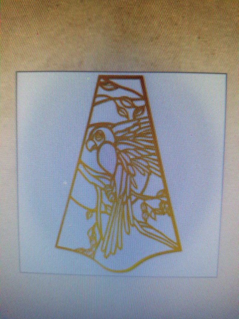May include: A gold-colored metal cutout of a stylized bird with intricate details. The bird is facing left and has a long, pointed beak. The cutout is in the shape of a triangle.