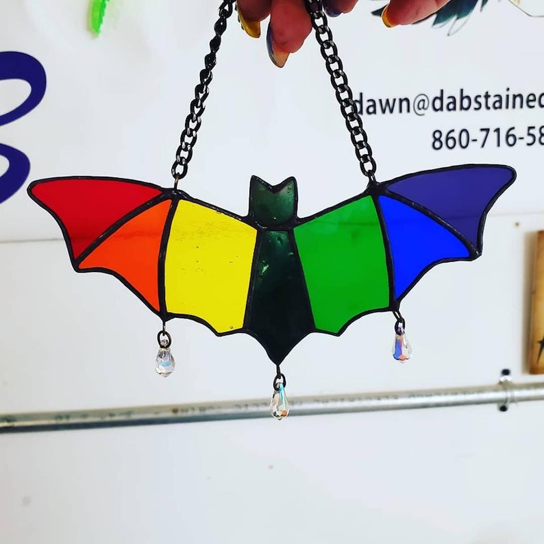 Stained Glass Rainbow Bat Suncatcher with Crystal Dangles image 1