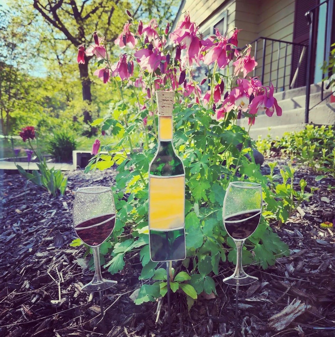 Stained Glass Wine Bottle and Wine Glass Garden Stake Set Etsy
