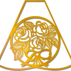 May include: A gold-colored metal cutout of a bouquet of roses with a bow. The roses are stylized and have a delicate, intricate design.