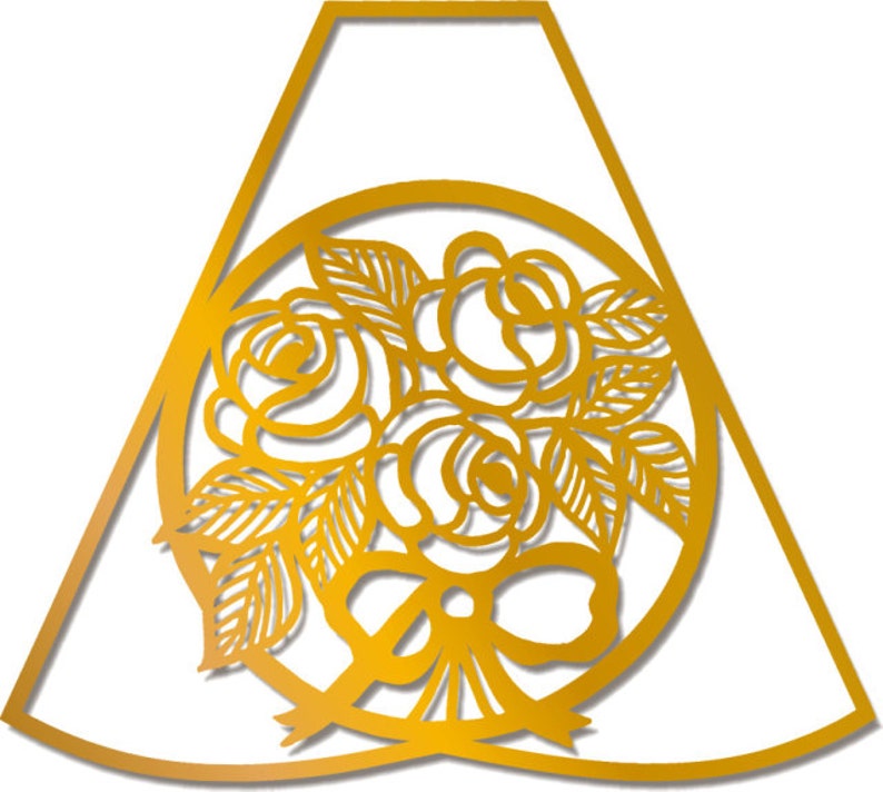 May include: A gold-colored metal cutout of a bouquet of roses with a bow. The roses are stylized and have a delicate, intricate design.