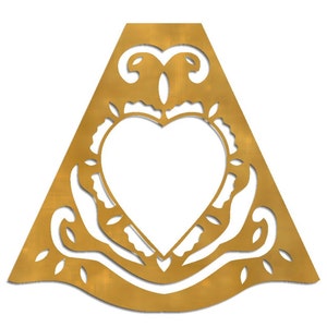 May include: A gold-colored metal cutout in the shape of a triangle with a heart-shaped opening in the center. The heart is surrounded by a decorative design of leaves and swirls.