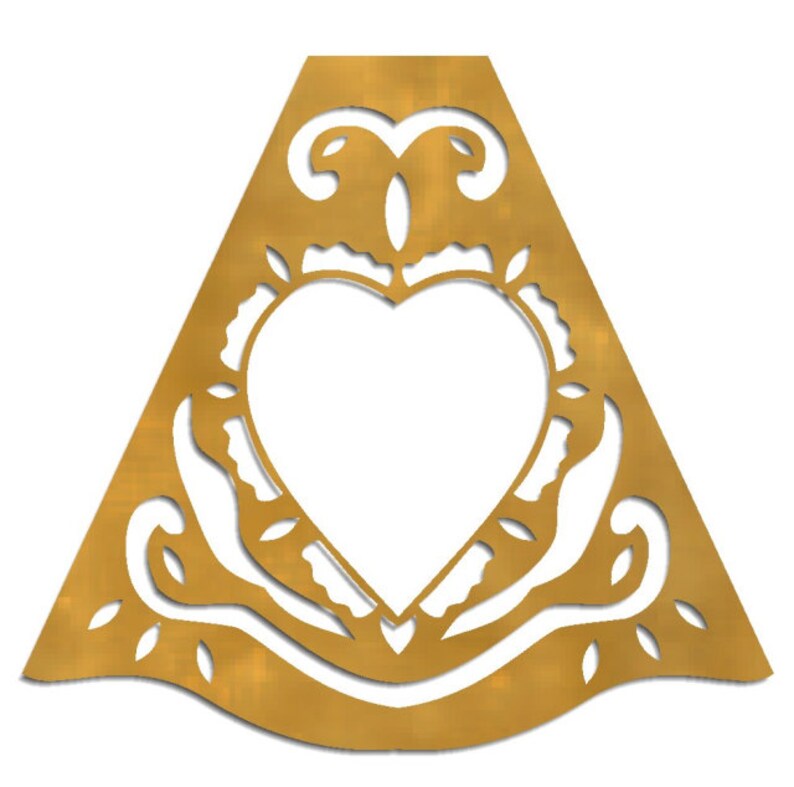 May include: A gold-colored metal cutout in the shape of a triangle with a heart-shaped opening in the center. The heart is surrounded by a decorative design of leaves and swirls.
