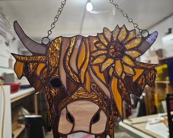 Stained Glass Highland Cow with Sunflower