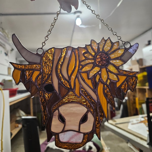 Stained Glass Highland Cow with Sunflower