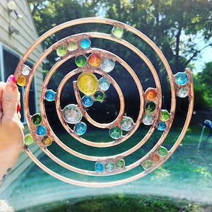 12 Inch Copper Spiral Yard Art with Colorful Glass Gem Accents