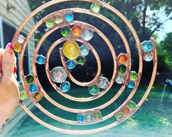 12 Inch Copper Spiral Yard Art with Colorful Glass Gem Accents