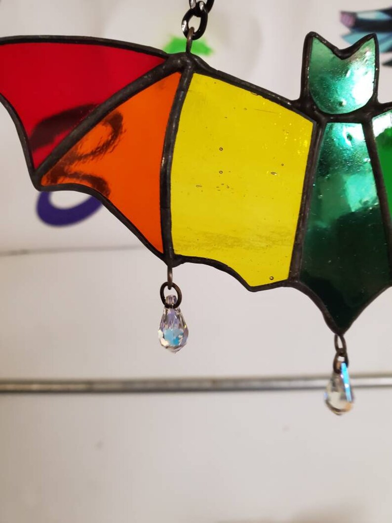 Stained Glass Rainbow Bat Suncatcher with Crystal Dangles image 2