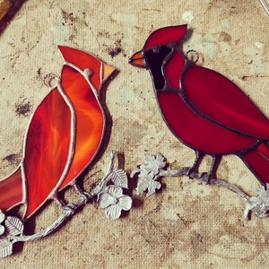 Stained Glass Cardinal Pair: Male & Female on Cast Branch