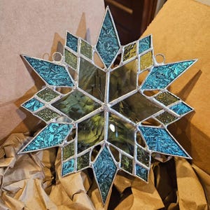 Large Stained Glass Snowflake Suncatcher/Window or Wall Hanging with Beveled Glass Center
