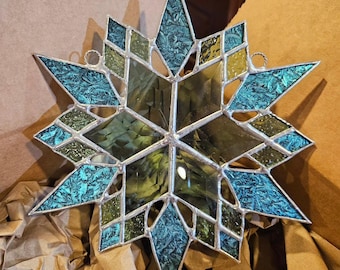 Large Stained Glass Snowflake Suncatcher/Window or Wall Hanging with Beveled Glass Center