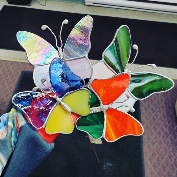 Stained Glass Blue Butterfly Garden Stake 
