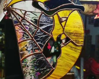 Stained Glass The Man in the Moon with Spider Web Halloween Suncatcher