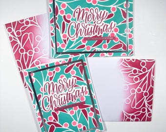 Handcrafted “Merry Christmas” Card Set with Coordinating Envelopes – Bright Holiday Berries Design