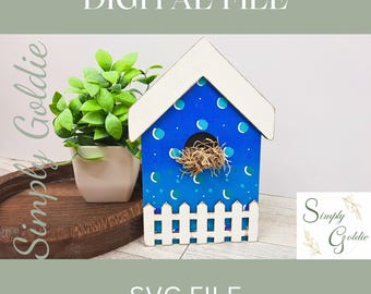 Casita para pájaros con valla para colocar en un estante - para corte por láser