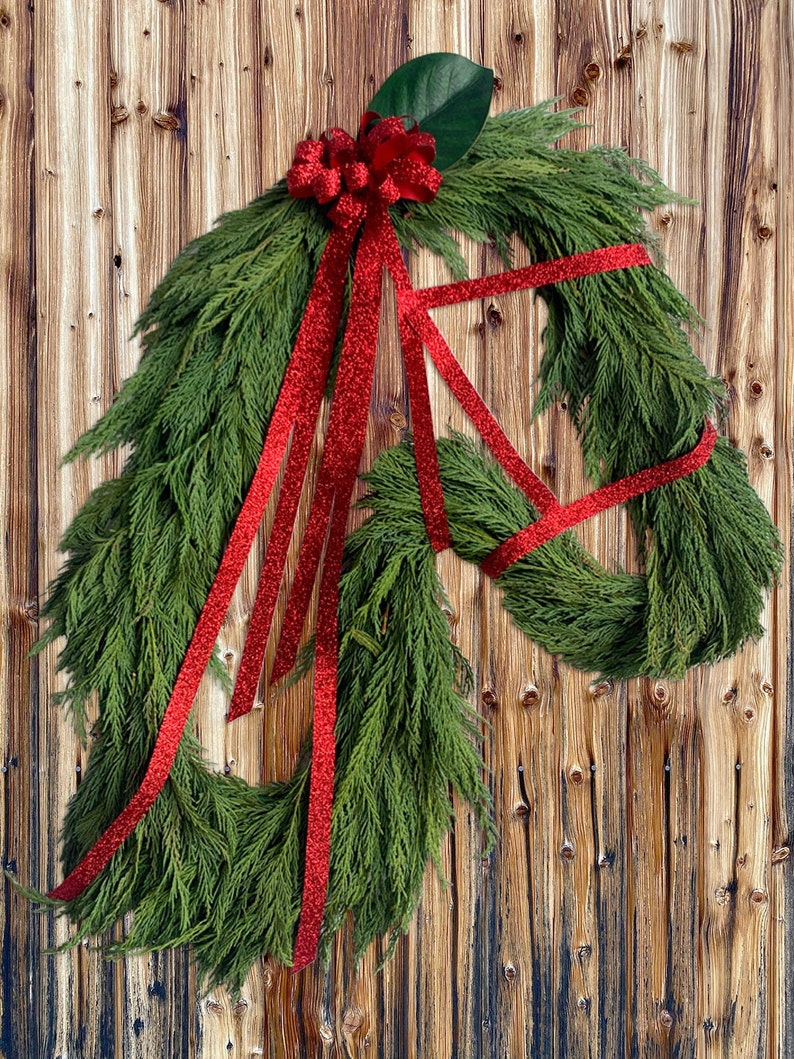 Fresh greenery Holiday Horse Head Wreath image 2