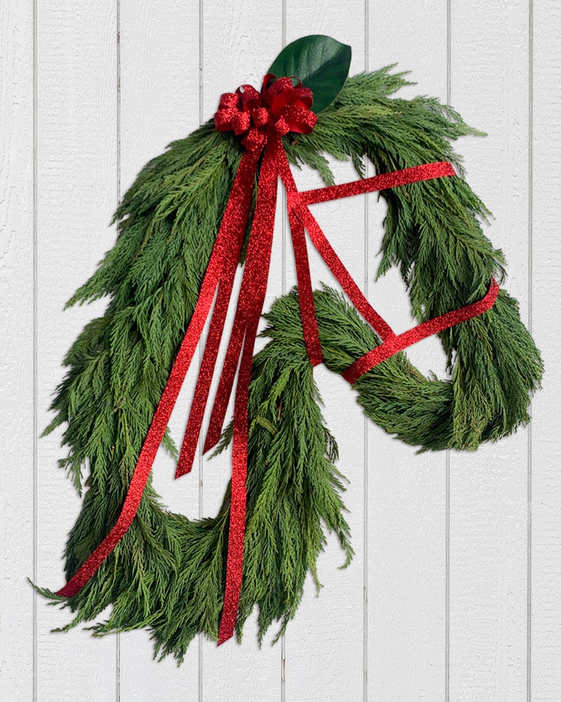 Fresh greenery Holiday Horse Head Wreath image 3